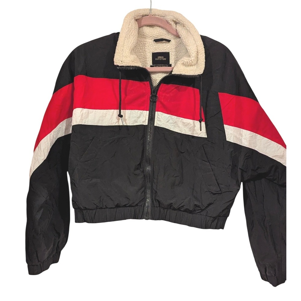 Urban Outfitters Bomber Jacket L Black Red Colorblock Sherpa Lined Cropped Retro